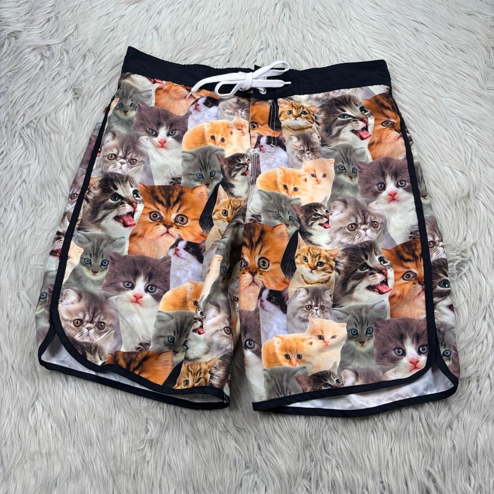 Bioworld Men's L Kitten Cat Face Printed Swim Trunks Shorts Mesh Liner Novelty